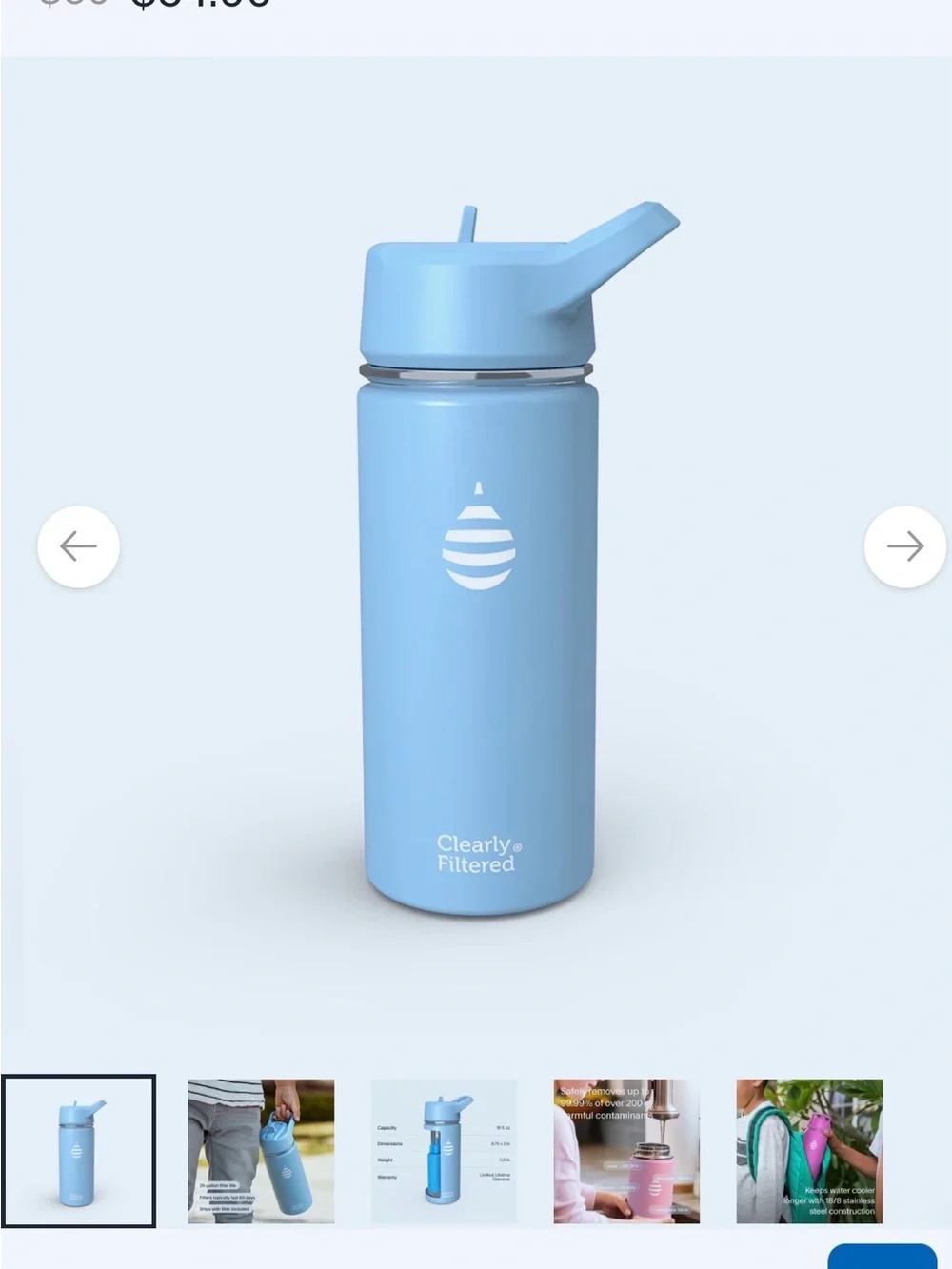NEW Clearly Filtered 16oz Stainless Steel Filtered Water Bottle - Sky Blue